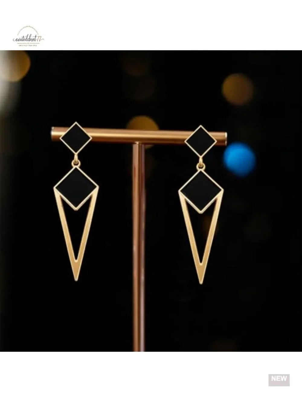 14k Gold Enamel Hollow Triangle Dangle Drop Stud Earrings